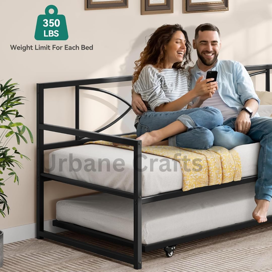 Urbane Crafts Twin Daybed with Pull Out Trundle, Metal Day Bed with Adjustable Height, Twin Size Mattress Foundation with Steel Slat Support for Guest Room Living Room - Black