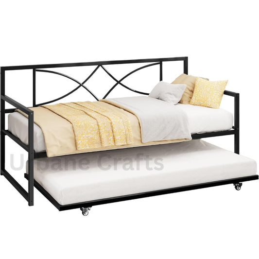 Urbane Crafts Twin Daybed with Pull Out Trundle, Metal Day Bed with Adjustable Height, Twin Size Mattress Foundation with Steel Slat Support for Guest Room Living Room - Black