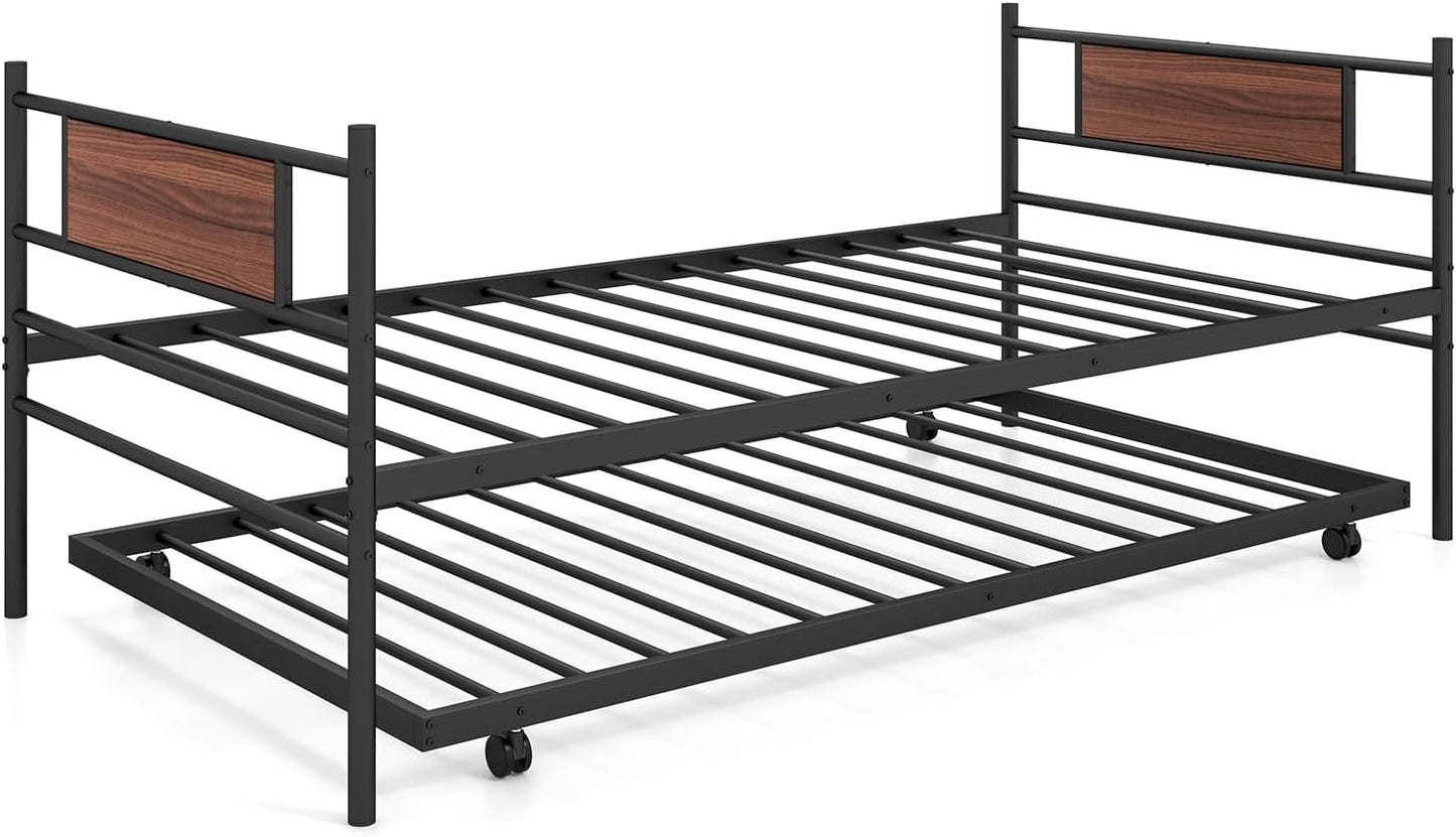 Urbane Crafts Metal Daybed with Trundle, Twin Size Day Bed with Wood Grain Headboard & Metal Slat Support, Space-Saving Trundle Sofa Bed for Living Room Guest Room, Easy Assembly, No Box Spring Needed