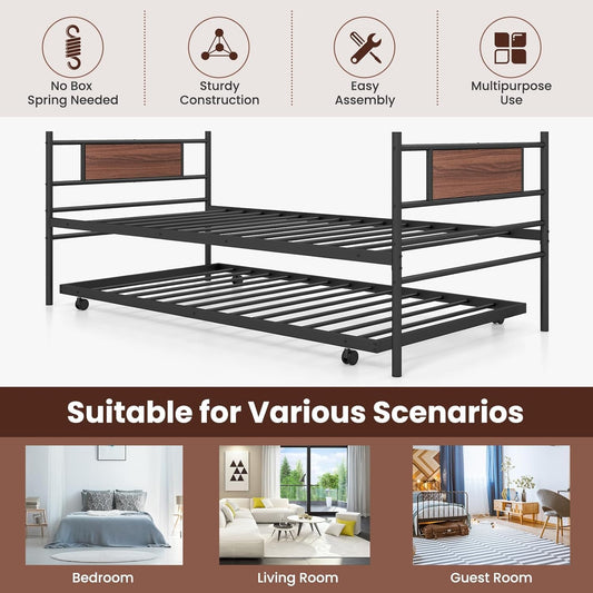 Urbane Crafts Metal Daybed with Trundle, Twin Size Day Bed with Wood Grain Headboard & Metal Slat Support, Space-Saving Trundle Sofa Bed for Living Room Guest Room, Easy Assembly, No Box Spring Needed