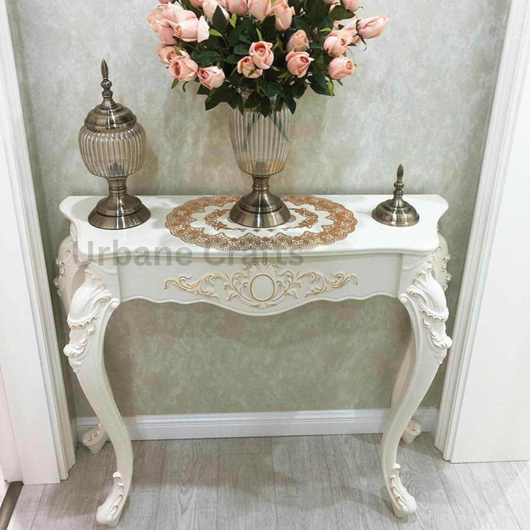 Urbane Crafts Wooden Carved Console Table | Solid Mango Wood, PU Finish | Decorative Table for Living Room, Hallway, Entryway, or Office | 48 x 30 x 15 Inches, White Deco