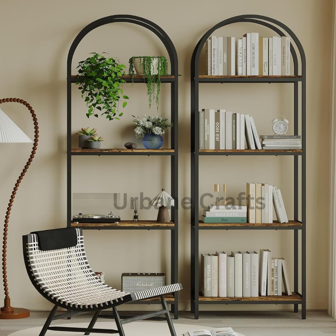 Urbane Crafts Bookshelf Arched Bookcase, Industrial 4-Tier Open Book Shelves with Metal Frame, 72" Tall Freestanding Storage Display Rack for Home Office, Living Room (Rustic Brown, 4 Tier Arched)