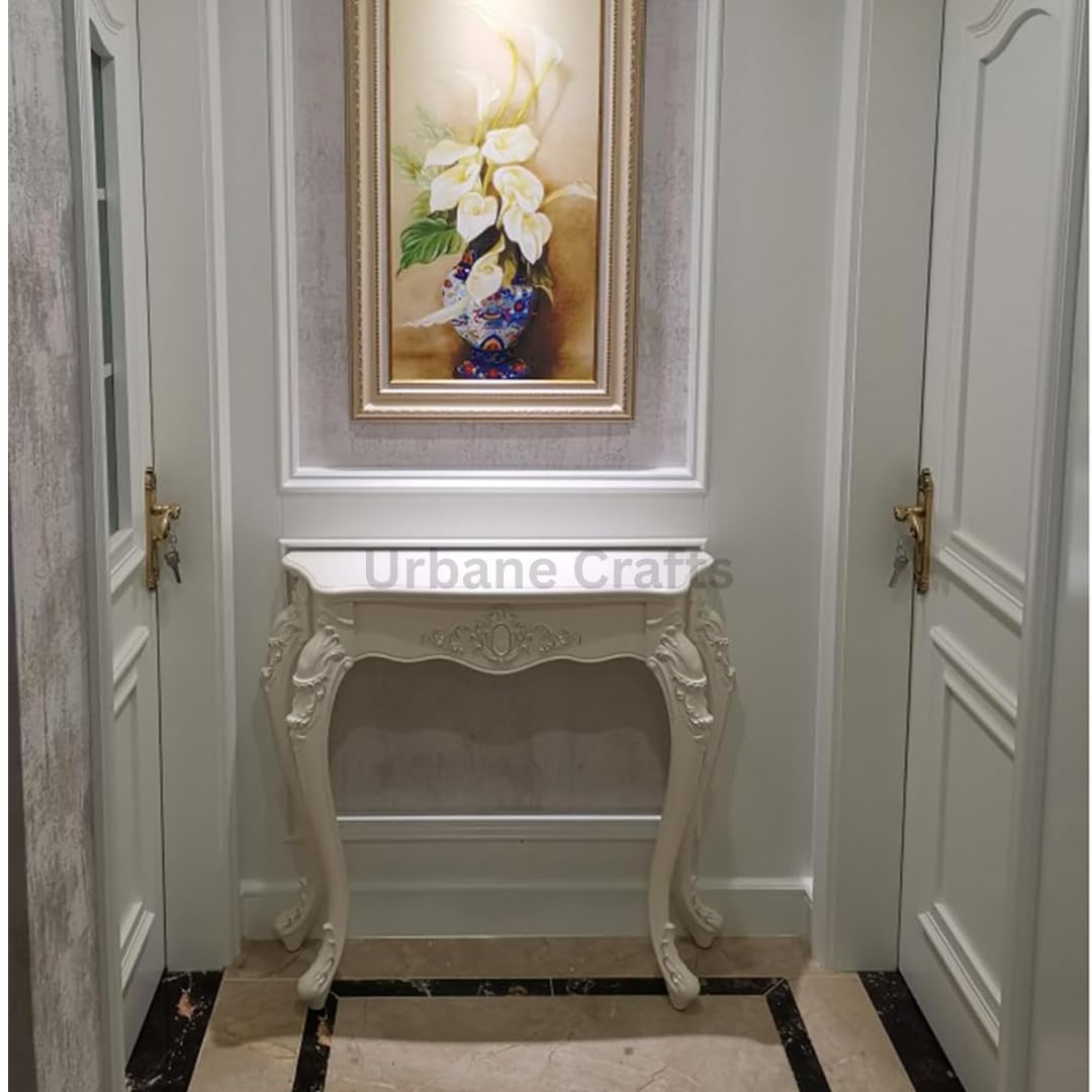 Urbane Crafts Wooden Carved Console Table | Solid Mango Wood, PU Finish | Decorative Table for Living Room, Hallway, Entryway, or Office | 48 x 30 x 15 Inches, White Deco