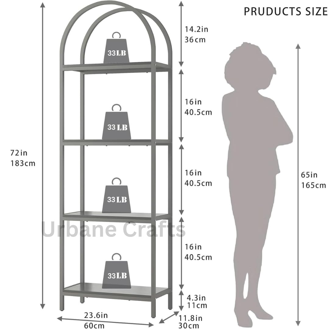 Urbane Crafts Bookshelf Arched Bookcase, Industrial 4-Tier Open Book Shelves with Metal Frame, 72" Tall Freestanding Storage Display Rack for Home Office, Living Room (Rustic Brown, 4 Tier Arched)