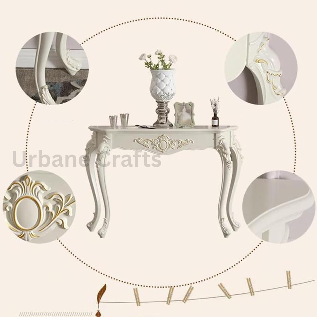 Urbane Crafts Wooden Carved Console Table | Solid Mango Wood, PU Finish | Decorative Table for Living Room, Hallway, Entryway, or Office | 48 x 30 x 15 Inches, White Deco