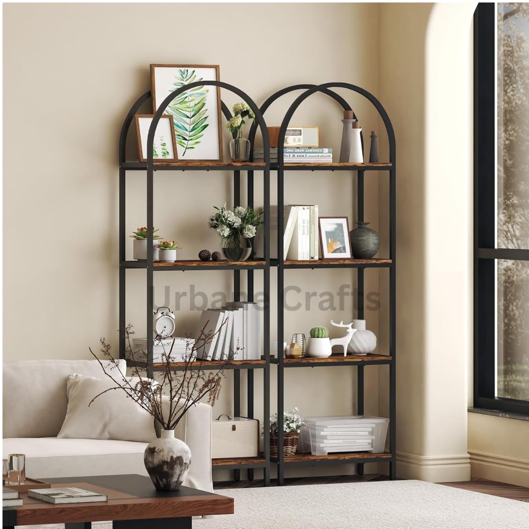 Urbane Crafts Bookshelf Arched Bookcase, Industrial 4-Tier Open Book Shelves with Metal Frame, 72" Tall Freestanding Storage Display Rack for Home Office, Living Room (Rustic Brown, 4 Tier Arched)