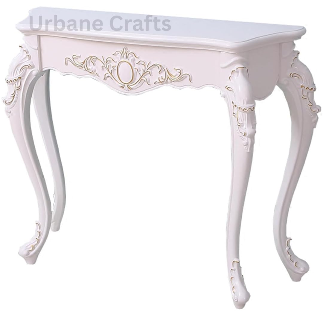 Urbane Crafts Wooden Carved Console Table | Solid Mango Wood, PU Finish | Decorative Table for Living Room, Hallway, Entryway, or Office | 48 x 30 x 15 Inches, White Deco