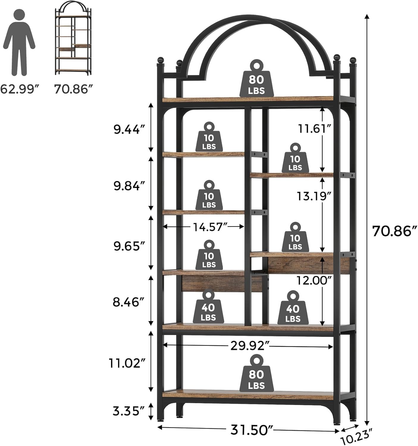 Urbane Crafts 71 inch Tall Bookshelf, 8-Tier Industrial ArchedBookcase, Open Display Storage Shelf for Living Room, Bedroom, Home Office, Rustic Brown