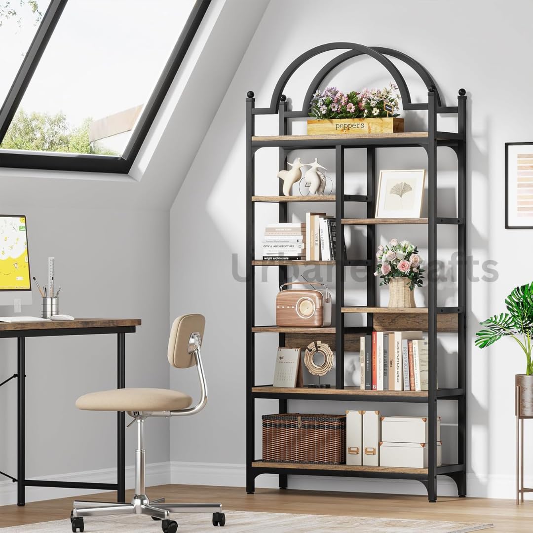 Urbane Crafts 71 inch Tall Bookshelf, 8-Tier Industrial ArchedBookcase, Open Display Storage Shelf for Living Room, Bedroom, Home Office, Rustic Brown